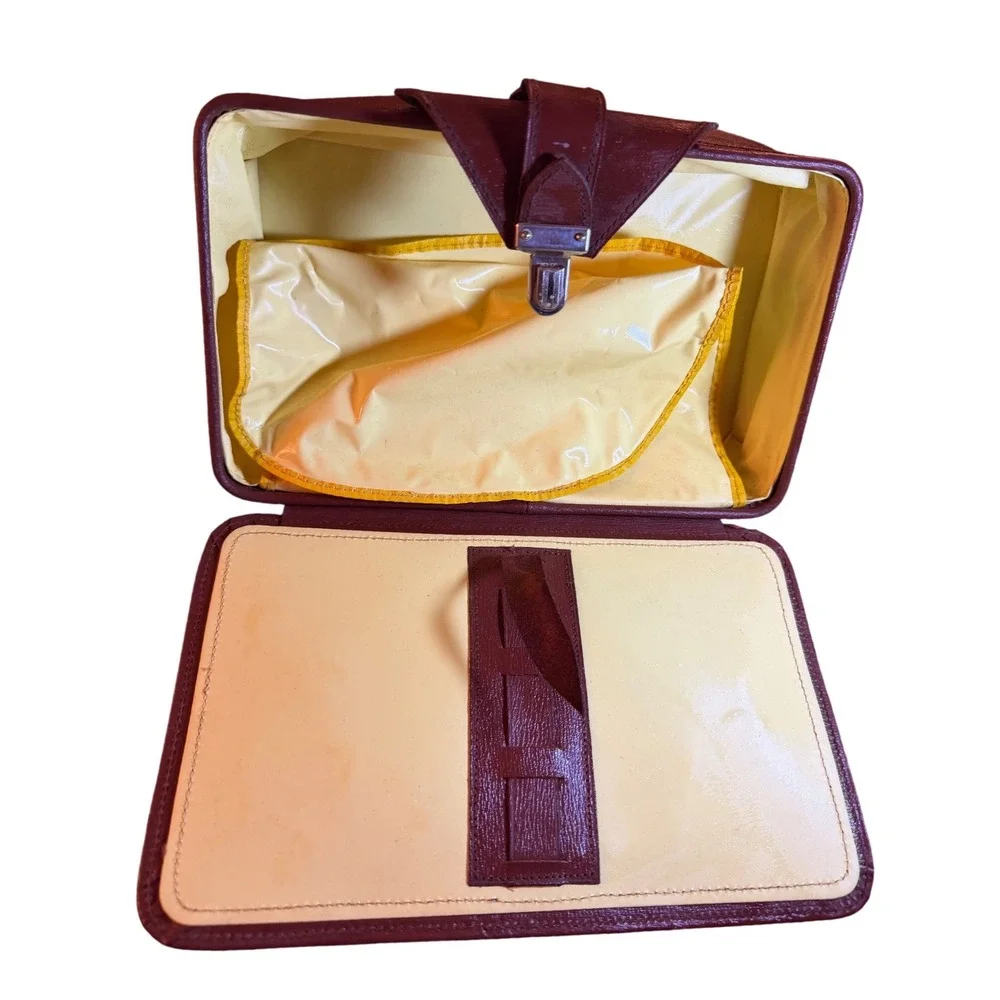 Vtg Made in England Brown‎ Real Leather Mini Travel Vanity Case Grooming Bag Box